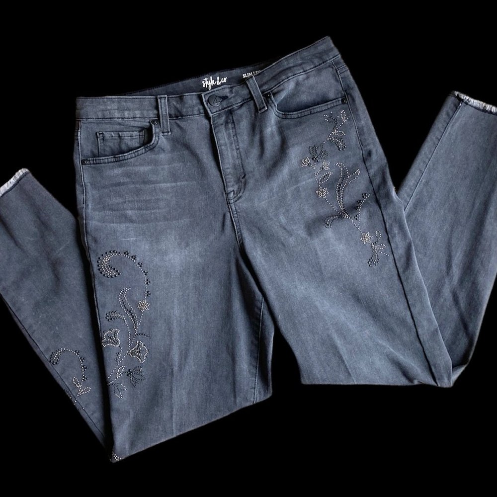 Style & Co High Rise Slim Fit Black Wash Studded Jeans Sz 14 Frayed Ankle